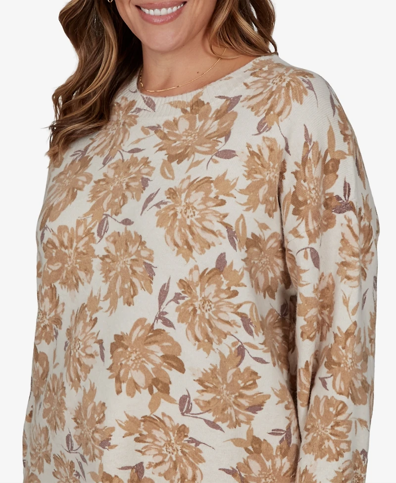 Hearts Of Palm Plus Floral-Print Crewneck Long-Sleeve Sweater