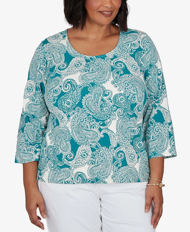 Hearts Of Palm Plus Stamped Paisley 3/4-Sleeve Scoop Neck T-Shirt