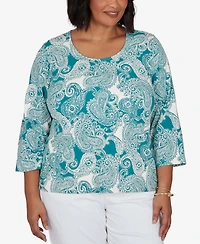 Hearts Of Palm Plus Stamped Paisley 3/4-Sleeve Scoop Neck T-Shirt