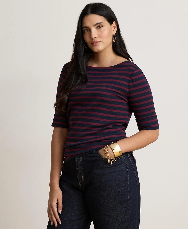 Lauren Ralph Women's Striped Stretch Cotton Boat Neck Top
