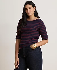Lauren Ralph Women's Striped Stretch Cotton Boat Neck Top
