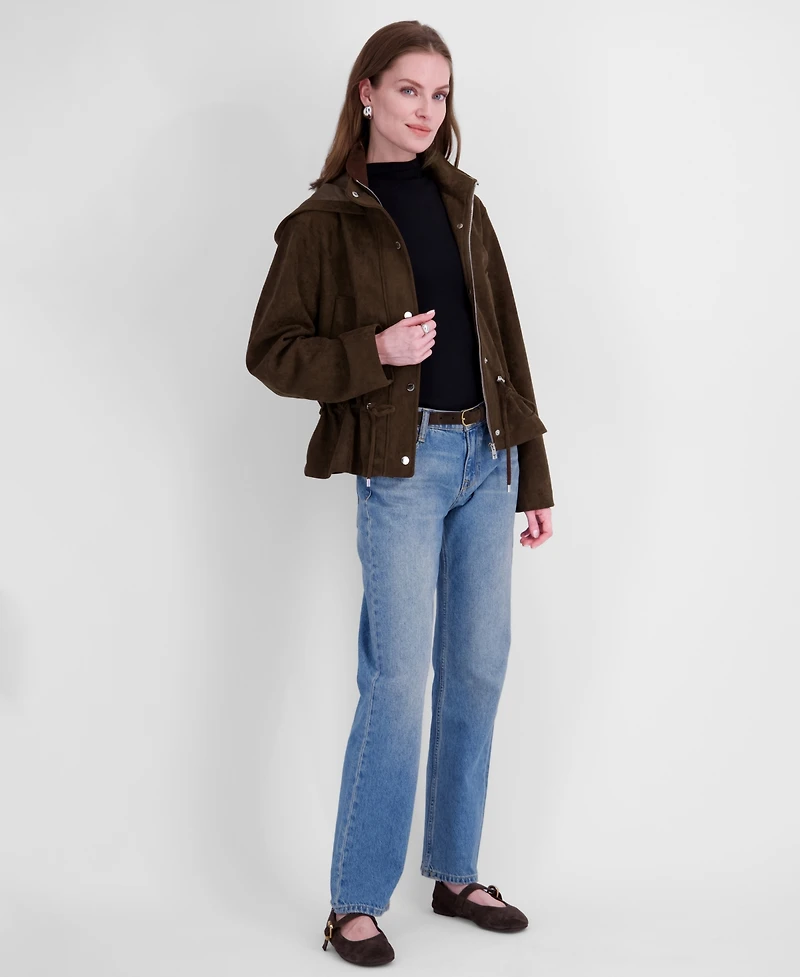 Tahari Women's Faux Suede Hooded Anorak Coat