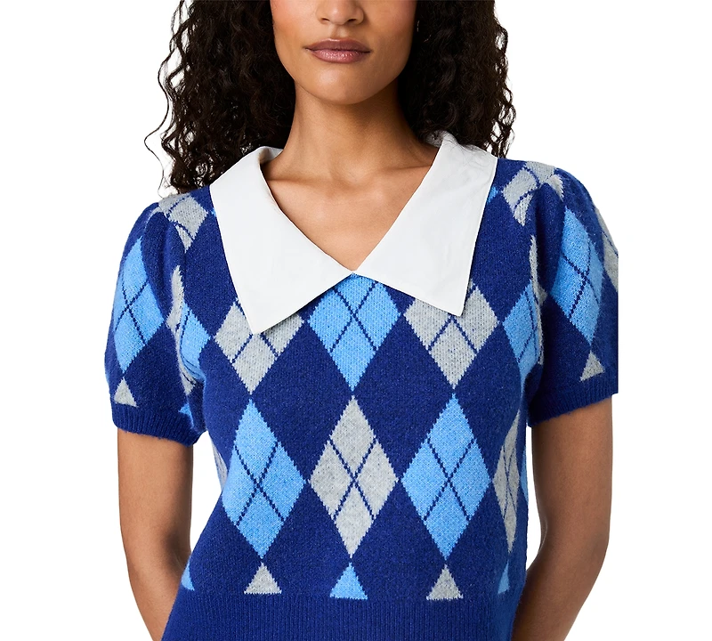 French Connection Women's Koda Puff-Sleeve Argyle-Jacquard Collared Top