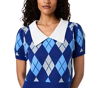 French Connection Women's Koda Puff-Sleeve Argyle-Jacquard Collared Top
