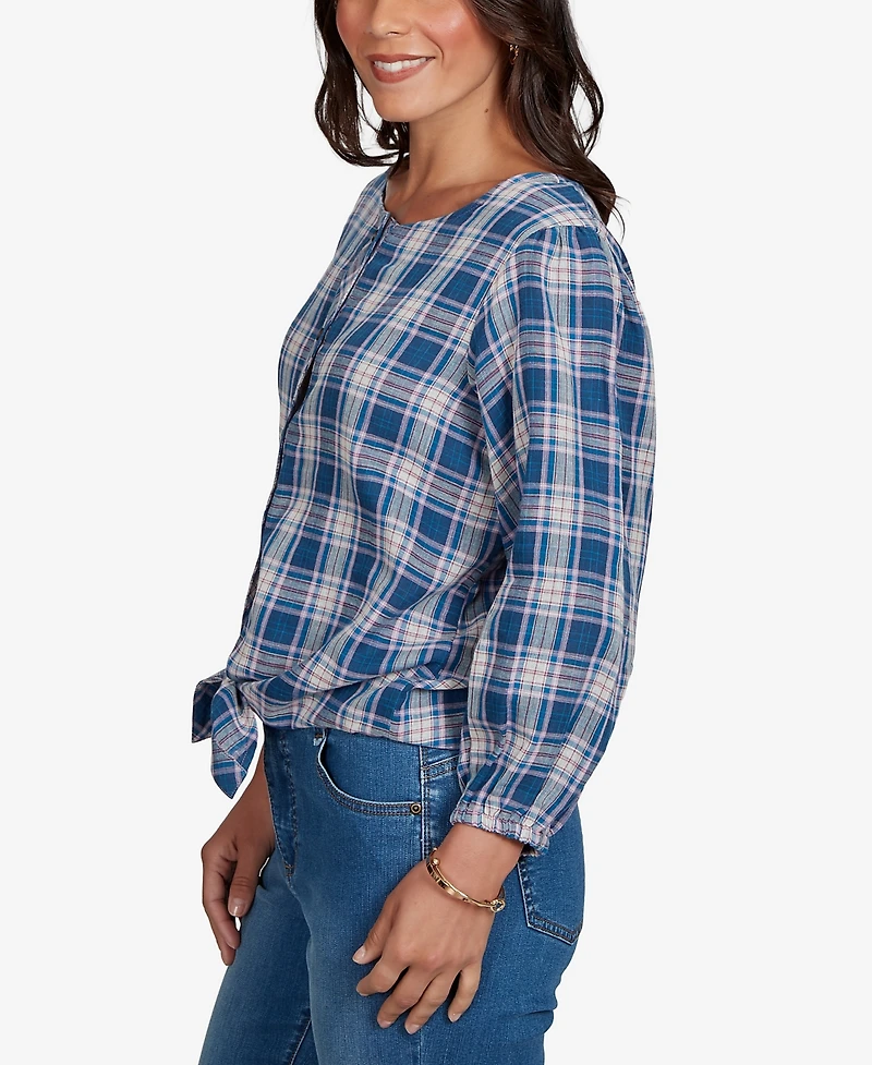 Ruby Rd. Petite Homestead Plaid 3/4-Sleeve Button-Front Top