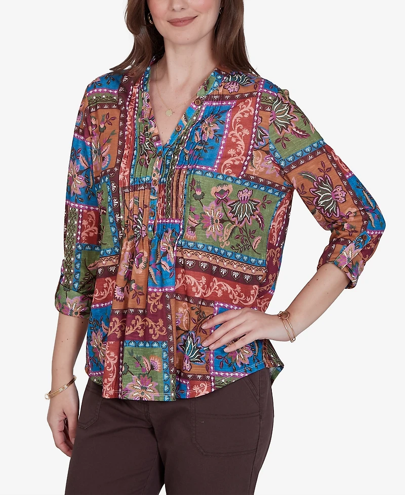 Ruby Rd. Petite Tapestry Top 3/4-Sleeve Floral-Print Button-Front Blouse