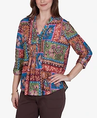 Ruby Rd. Petite Tapestry Top 3/4-Sleeve Floral-Print Button-Front Blouse