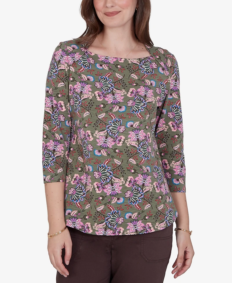 Ruby Rd. Petite Kint Garden Top Square-Neck 3/4-Sleeve Floral Blouse