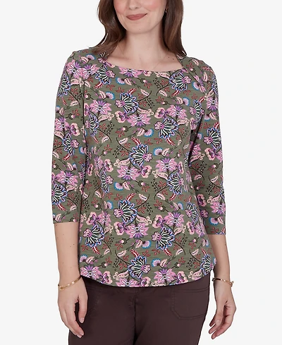 Ruby Rd. Petite Kint Garden Top Square-Neck 3/4-Sleeve Floral Blouse