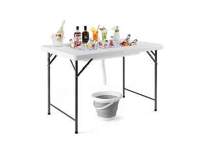 Boyel Living 4 Feet Folding Ice Bin Table with Skirt for Camping Picnic Wedding with Ice Bucket