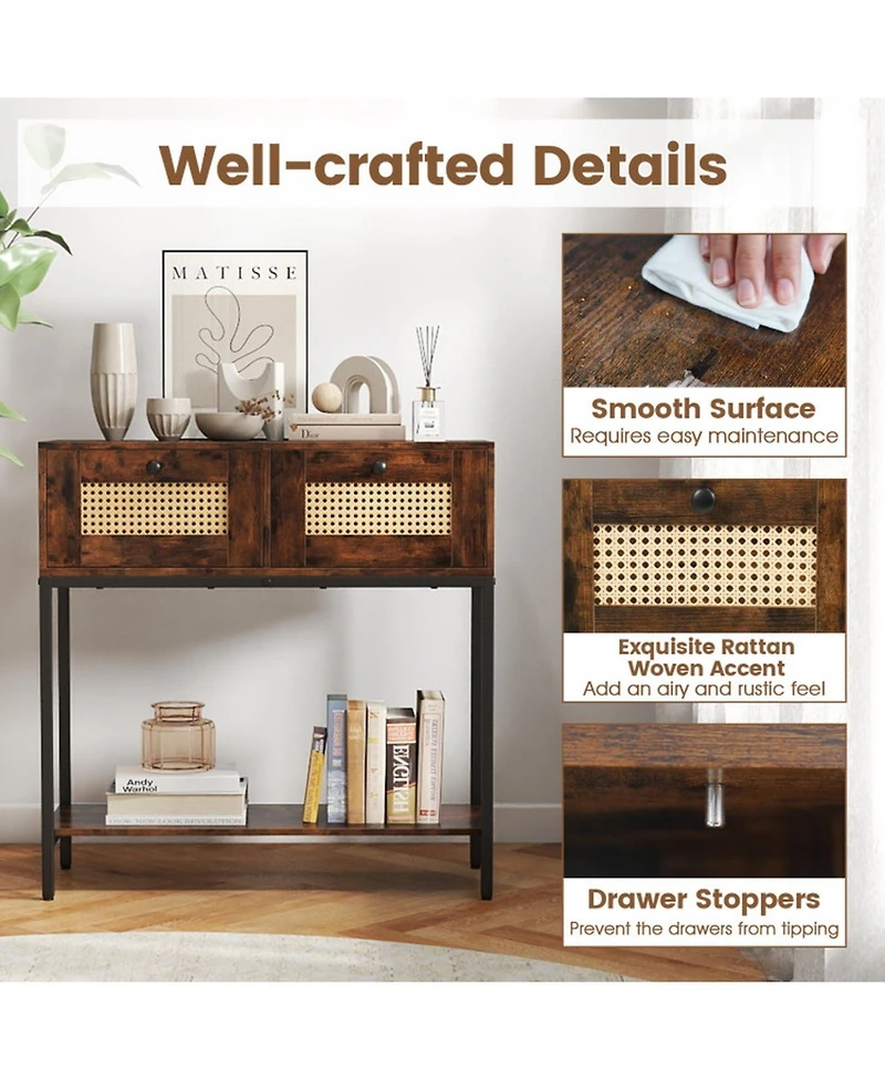 Sugift Boho Rattan Console Table with 2 Woven Drawers and Open Storage Shelf