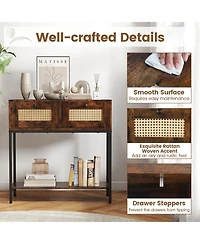 Sugift Boho Rattan Console Table with 2 Woven Drawers and Open Storage Shelf