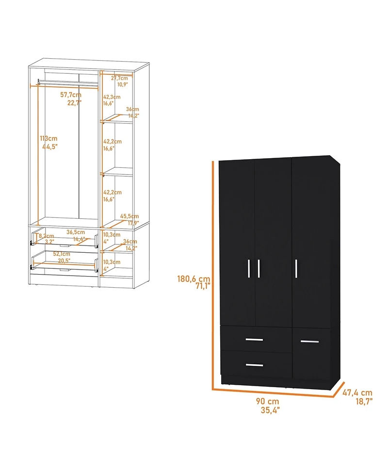 Fm Furniture Douglas Armoire in Melamine, Two Drawers, Hanging Rod And 4 Doors