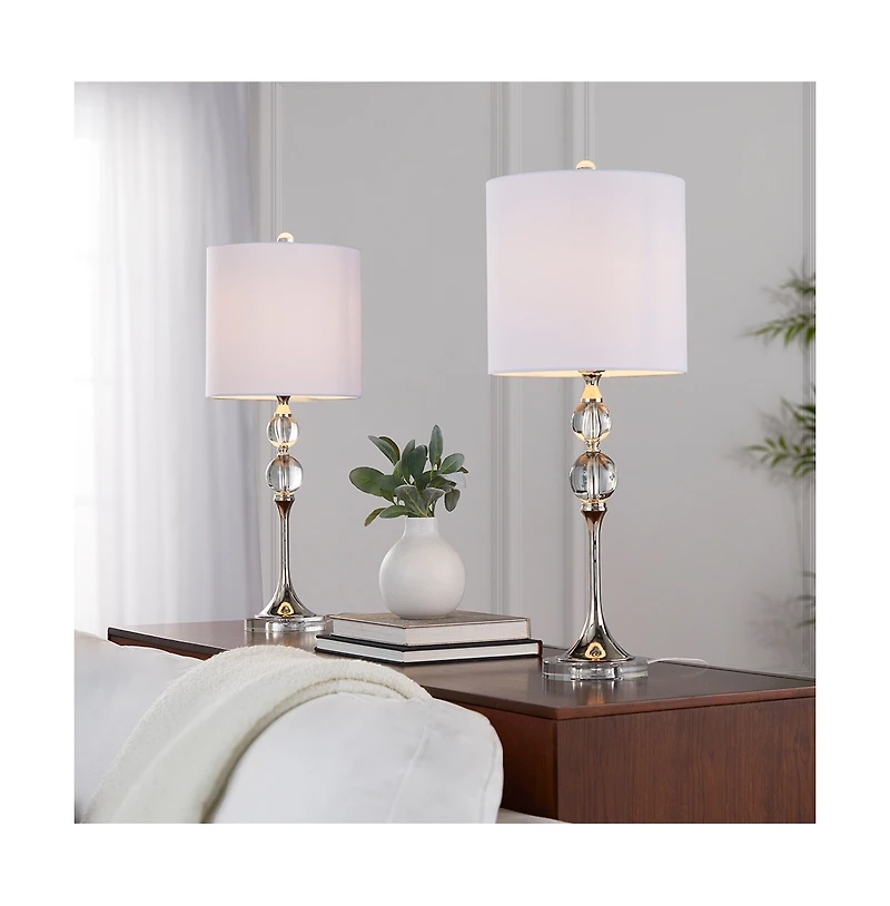 26" Contemporary Crystal Table Lamp in Clear Crystal and Polished Nickel with White Linen Shade from Grandview Gallery - Set of 2