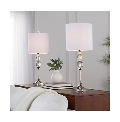 26" Contemporary Crystal Table Lamp in Clear Crystal and Polished Nickel with White Linen Shade from Grandview Gallery - Set of 2
