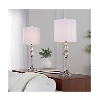 26" Contemporary Crystal Table Lamp in Clear Crystal and Polished Nickel with White Linen Shade from Grandview Gallery - Set of 2