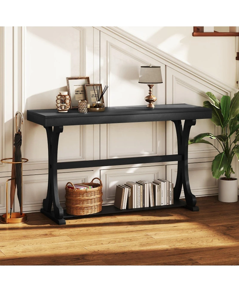 Sugift Vintage 52 Inch Narrow Console Table with Curved Solid Wood Legs and Open Shelf