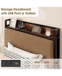 homfan Bed Frame with 2 Drawers and Charging Station, Upholstered Headboard Led Lights, Under Storage