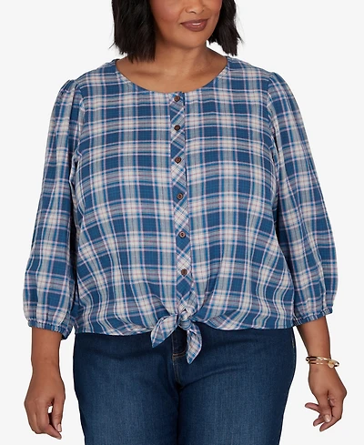 Ruby Rd. Plus Homestead Plaid 3/4-Sleeve Button-Front Top