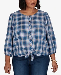 Ruby Rd. Plus Homestead Plaid 3/4-Sleeve Button-Front Top
