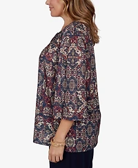 Ruby Rd. Plus Patchwork Henley 3/4-Sleeve Blouse