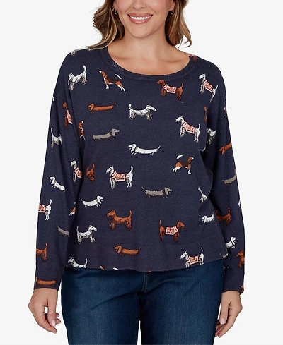 Ruby Rd. Plus Ballet Neckline Allover Dog Print Long-Sleeve Sweater