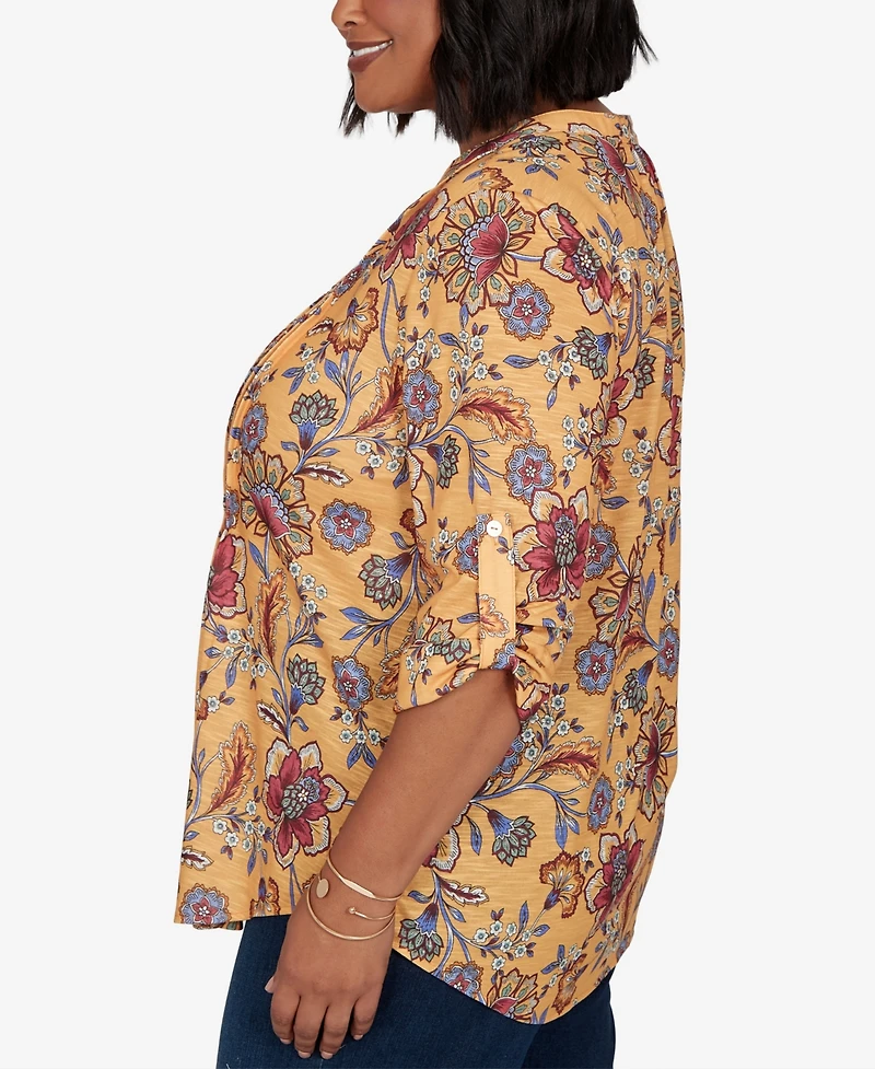 Ruby Rd. Plus Knit Vines Floral 3/4-Sleeve Henley Blouse