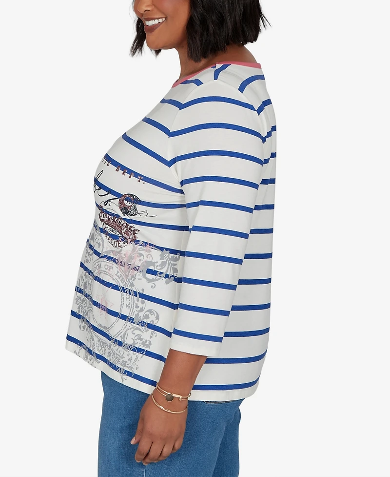 Ruby Rd. Plus Stripe Boat Neck 3/4-Sleeve Top