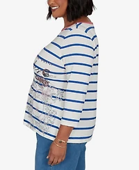 Ruby Rd. Plus Stripe Boat Neck 3/4-Sleeve Top