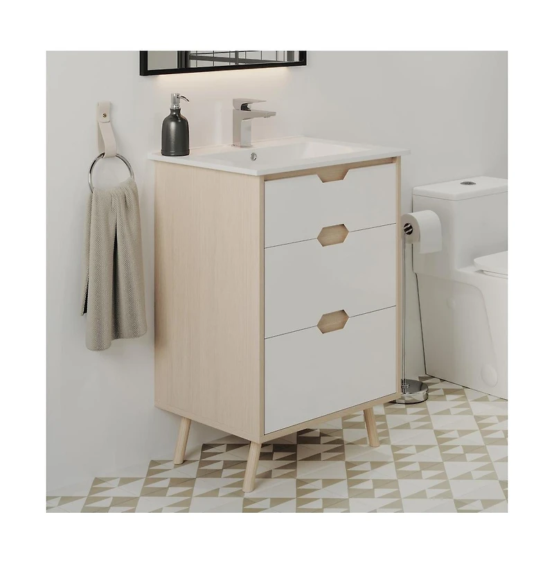 Swiss Madison Brusque 24" Freestanding Bathroom Vanity in Natural Oak with Sink Top