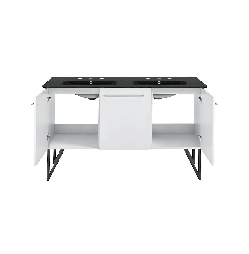 Swiss Madison 60 in. White, Double Basin Bathroom Vanity, Black, 3-Hole Sink Top