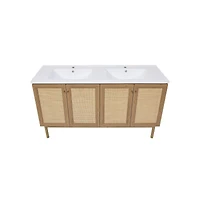 Swiss Madison Classe 60" Freestanding Bathroom Vanity in Golden Oak with Double Basin Sink Top