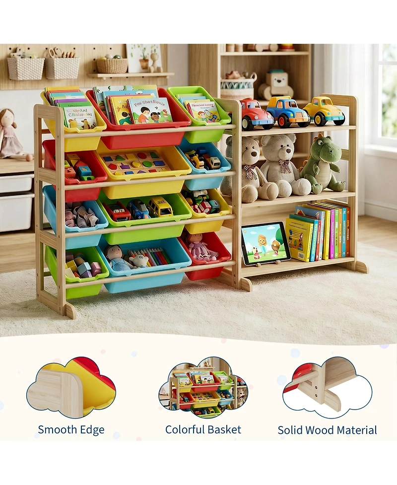 gaomon Kids Toy Storage Organizer 56" Wide Wood Bookshelf with 12 Bins and 3 Open Shelves Anti-Tip Rounded Edges for Playroom Bedroom Nursery