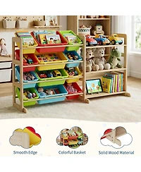 gaomon Kids Toy Storage Organizer 56" Wide Wood Bookshelf with 12 Bins and 3 Open Shelves Anti-Tip Rounded Edges for Playroom Bedroom Nursery