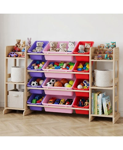 gaomon Kids Toy Storage Organizer 52.3" Wide Solid Wood Bookshelf Cabinet with 12 Removable Bins and 6 Shelves Cubby