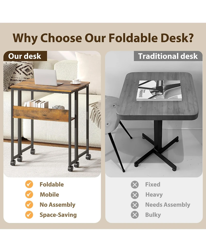 gaomon Folding Computer Desk with Storage Shelf 24.8" Mobile Rolling Table on Wheels Space Saving Collapsible Writing Desk for Small Space Home Office