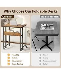 gaomon Folding Computer Desk with Storage Shelf 24.8" Mobile Rolling Table on Wheels Space Saving Collapsible Writing Desk for Small Space Home Office