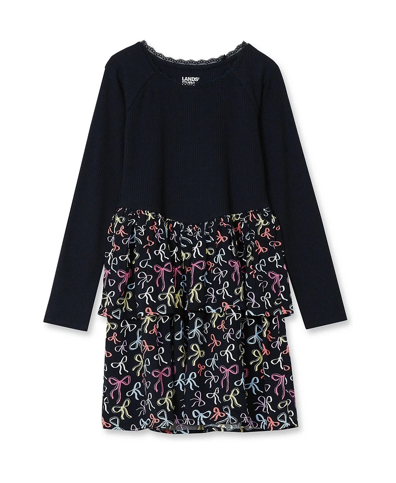 Lands' End Girls Long Sleeve Ribbed Tiered Dress