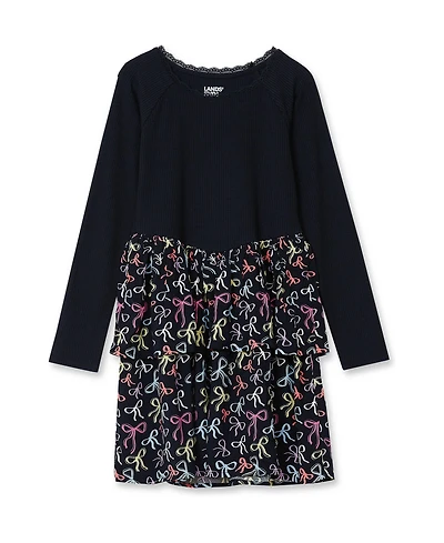 Lands' End Girls Long Sleeve Ribbed Tiered Dress