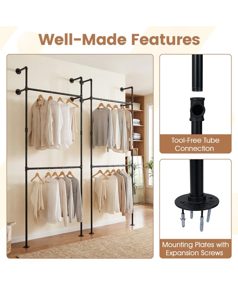 Sugift Wall Mounted Pipe Clothing Rack with 2 Hanging Rods Industrial Double Tier Garment Display