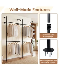 Sugift Wall Mounted Pipe Clothing Rack with 2 Hanging Rods Industrial Double Tier Garment Display