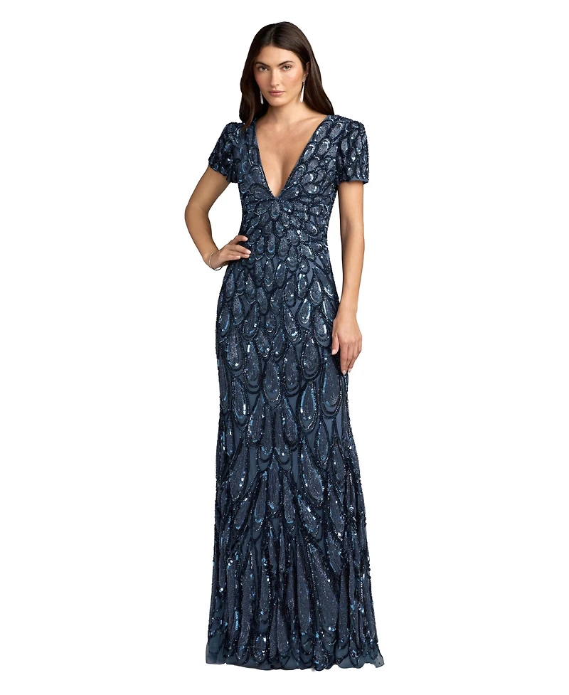 Mac Duggal Women's Beaded Sequin V-Neck Cap Sleeve Fitted Column Gown