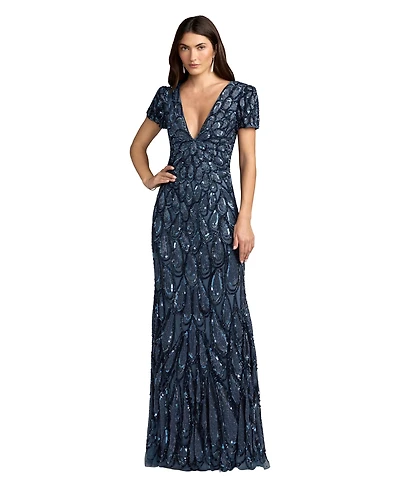 Mac Duggal Women's Beaded Sequin V-Neck Cap Sleeve Fitted Column Gown