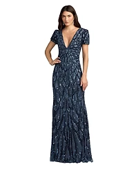 Mac Duggal Women's Beaded Sequin V-Neck Cap Sleeve Fitted Column Gown