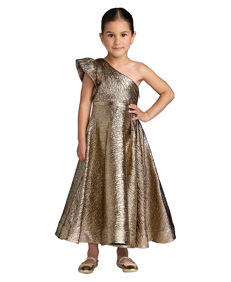 Mac Duggal Big Girls One-Shoulder Metallic A-Line Maxi Dress