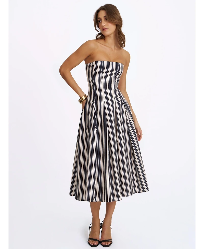 Miss Circle Women's Wyanne Black and White Linen Striped Strapless Midi Dress