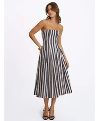 Miss Circle Women's Wyanne Black and White Linen Striped Strapless Midi Dress