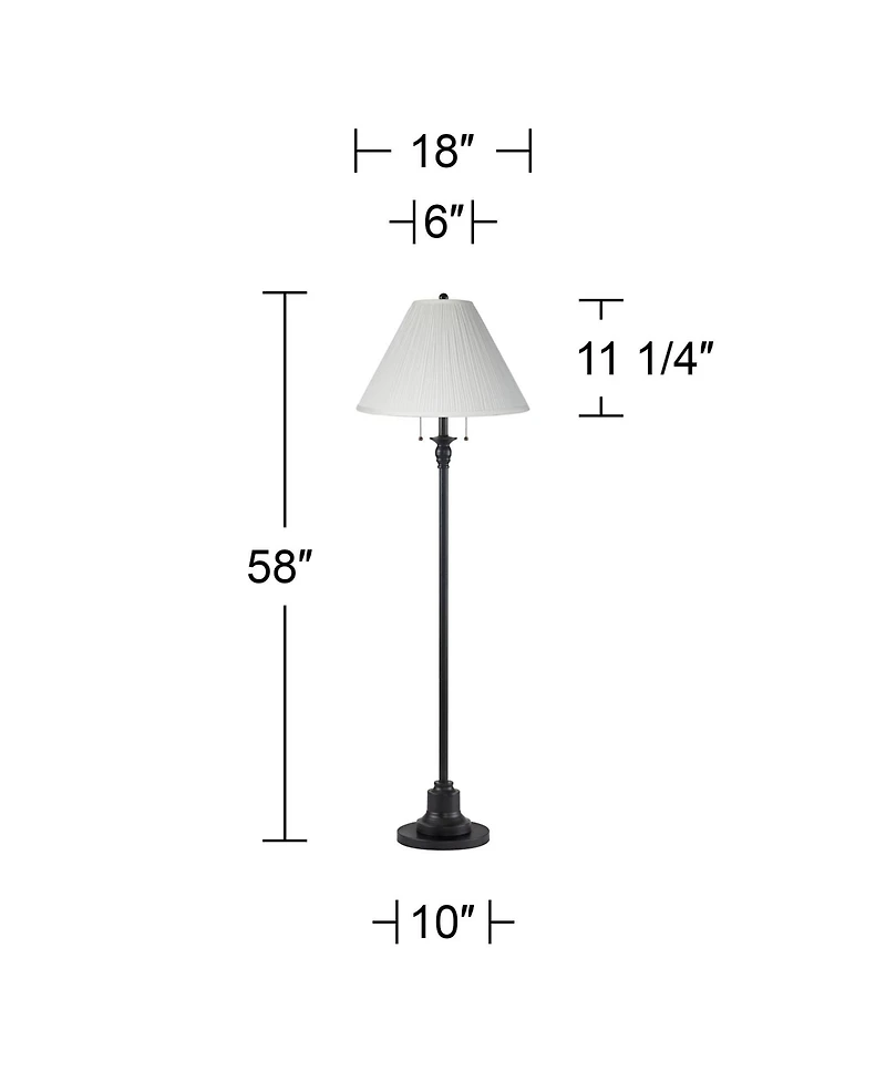 360 Lighting Dyna Traditional 58" Tall 2-Light Standing Floor Lamp Skinny Pole Pull Chain Black Finish Pleated Ivory Shade
