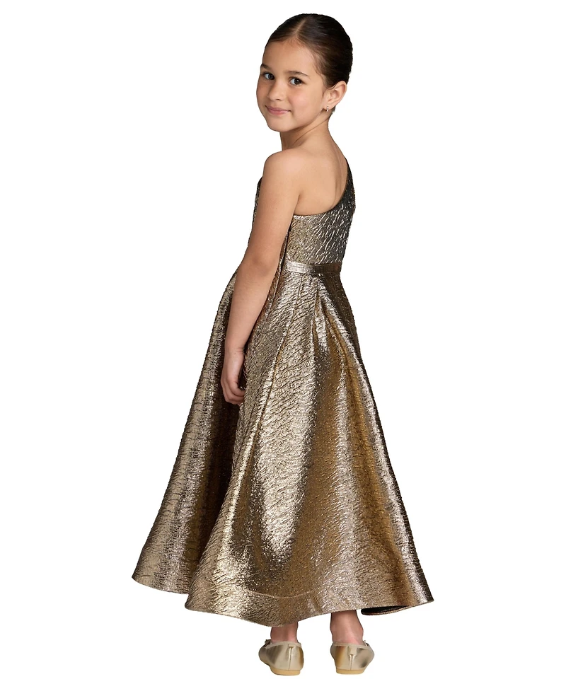 Mac Duggal Little Girls One-Shoulder Metallic A-Line Maxi Dress