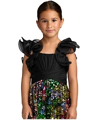 Mac Duggal Big Girls Sequin Floral Maxi Dress with Ruffle Sleeves